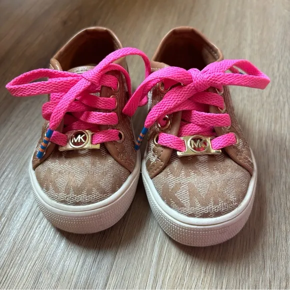 Micheal Kors Baby Girl Shoes Brown Tan Gold Pink White MK Logo Size 5