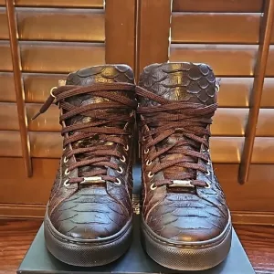 MISTER BROWN PYTHON PRINT/CALF-SKIN LEATHER HIGH-TOP SNEAKERS