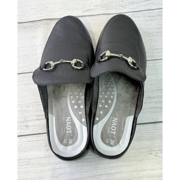 NAOT Women’s Halny Clog Loafers Black Leather Slip On Mule Shoes US 8/8.5 EU 39