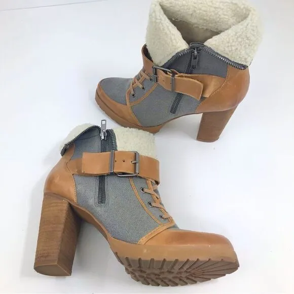 Naughty Monkey HIGHTRAIL Brown Leather Sherpa Lined Zip Up Heeled Buckle Boots