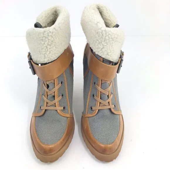 Naughty Monkey HIGHTRAIL Brown Leather Sherpa Lined Zip Up Heeled Buckle Boots