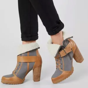 Naughty Monkey HIGHTRAIL Brown Leather Sherpa Lined Zip Up Heeled Buckle Boots