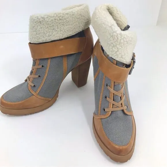 Naughty Monkey HIGHTRAIL Brown Leather Sherpa Lined Zip Up Heeled Buckle Boots