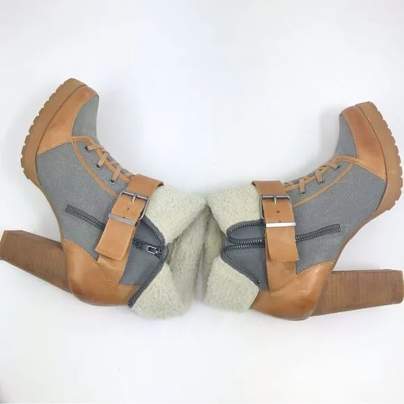Naughty Monkey HIGHTRAIL Brown Leather Sherpa Lined Zip Up Heeled Buckle Boots