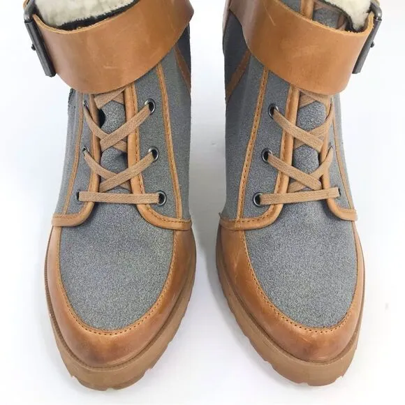 Naughty Monkey HIGHTRAIL Brown Leather Sherpa Lined Zip Up Heeled Buckle Boots