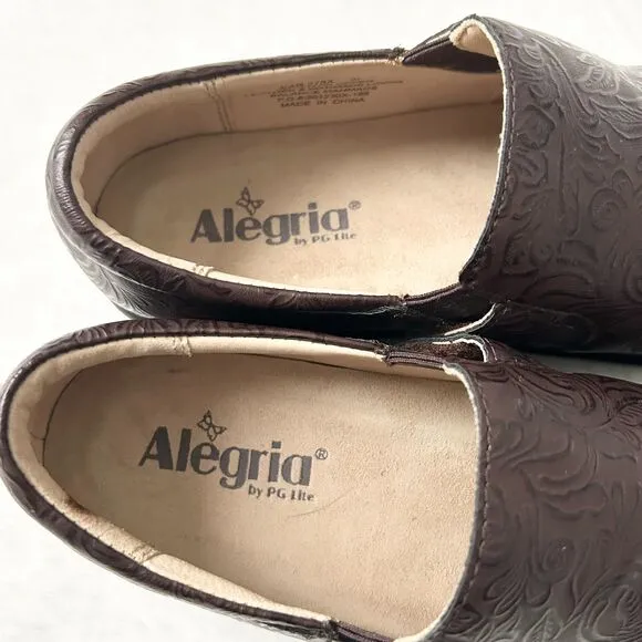 NEW Alegria Kara Slip-On Clog Shoes Chocolate Paisley Embossed Size 37 EU 7 US