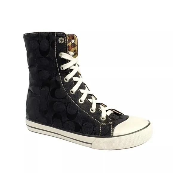 NEW Coach black C logo signature brown leopard fold down high top sneakers shoes