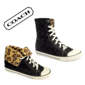 NEW Coach black C logo signature brown leopard fold down high top sneakers shoes