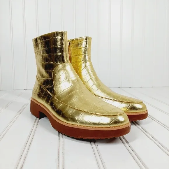 New Fitflop Kinbey Leather Croc Embossed Vintage Gold Ankle Boot Shoes i774