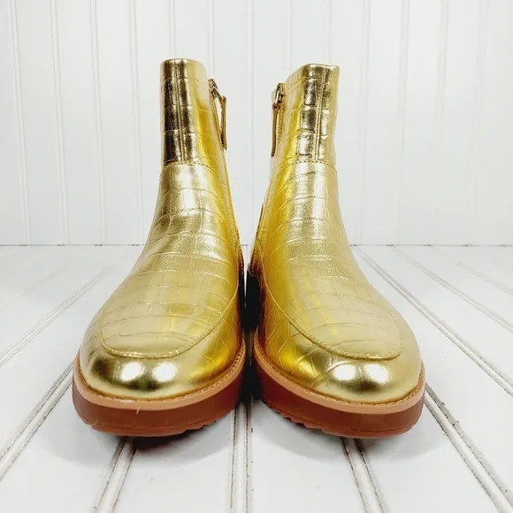 New Fitflop Kinbey Leather Croc Embossed Vintage Gold Ankle Boot Shoes i774