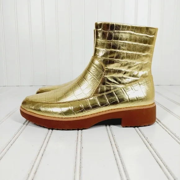 New Fitflop Kinbey Leather Croc Embossed Vintage Gold Ankle Boot Shoes i774