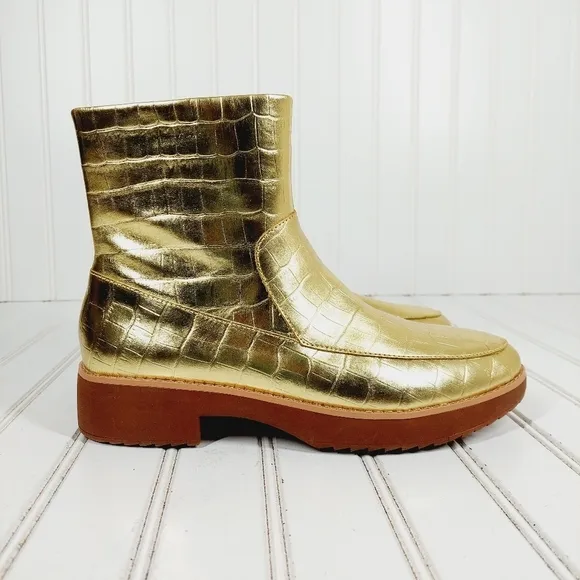 New Fitflop Kinbey Leather Croc Embossed Vintage Gold Ankle Boot Shoes i774