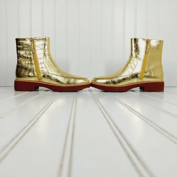 New Fitflop Kinbey Leather Croc Embossed Vintage Gold Ankle Boot Shoes i774