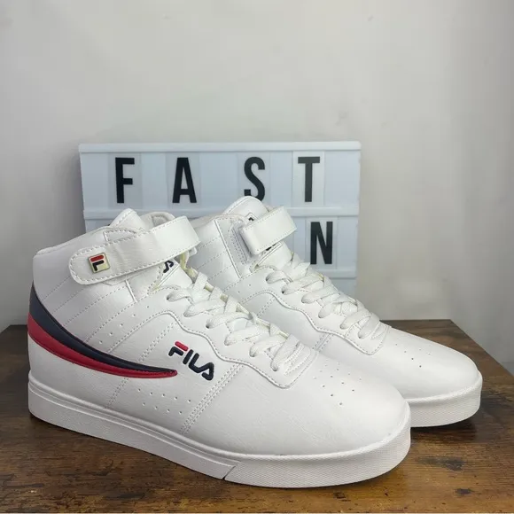NEW Men FILA VULC 13 MID PLUS WHITE RED BLUE CLASSIC BBALL HIGH TOP SNEAKERS 12