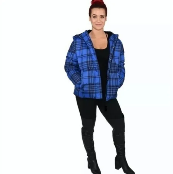 NEW RARE Authentic Juicy Couture Black Label Puffer Ski Coat Blue Tartan Down