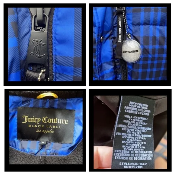 NEW RARE Authentic Juicy Couture Black Label Puffer Ski Coat Blue Tartan Down