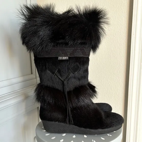 New Tecnica Italian Black Goat Fur Cow Hair Apres Ski Winter Boots EU 40 USA 9.5
