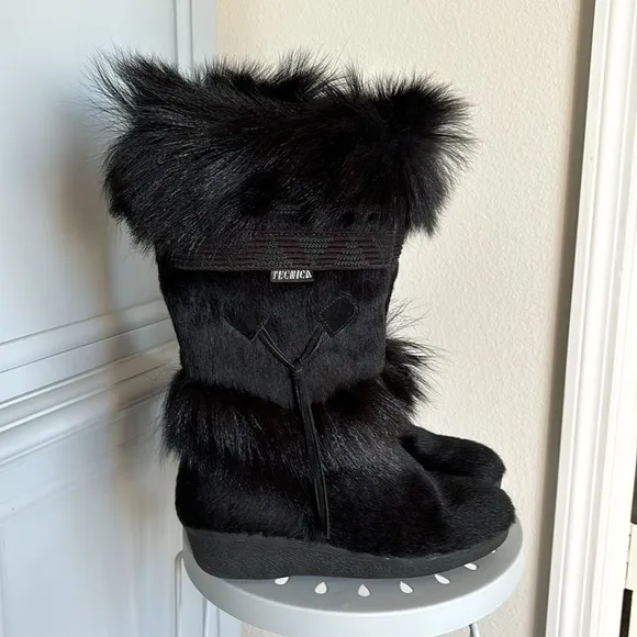 New Tecnica Italian Black Goat Fur Cow Hair Apres Ski Winter Boots EU 40 USA 9.5