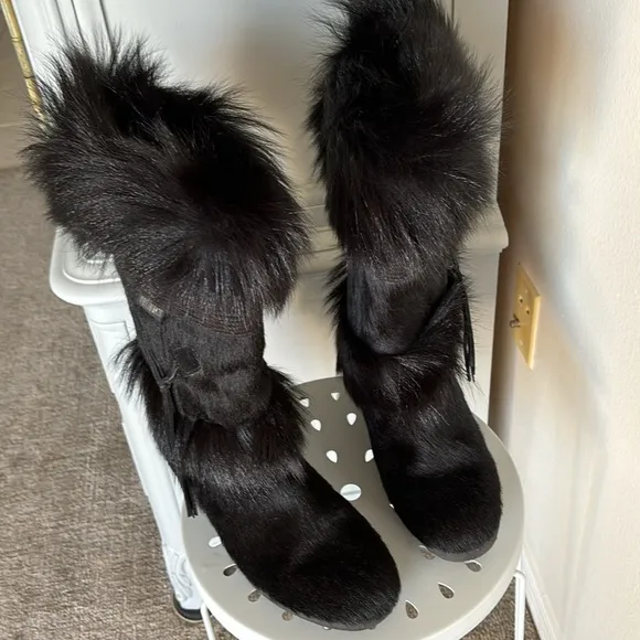 New Tecnica Italian Black Goat Fur Cow Hair Apres Ski Winter Boots EU 40 USA 9.5