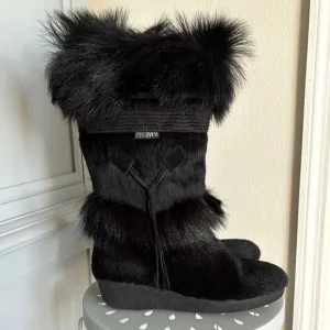 New Tecnica Italian Black Goat Fur Cow Hair Apres Ski Winter Boots EU 40 USA 9.5