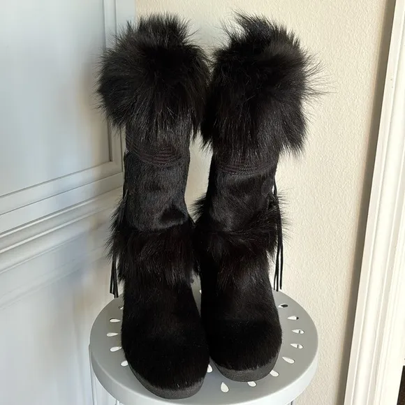 New Tecnica Italian Black Goat Fur Cow Hair Apres Ski Winter Boots EU 40 USA 9.5