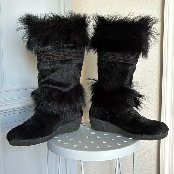 New Tecnica Italian Black Goat Fur Cow Hair Apres Ski Winter Boots EU 40 USA 9.5