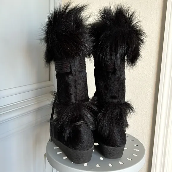 New Tecnica Italian Black Goat Fur Cow Hair Apres Ski Winter Boots EU 40 USA 9.5