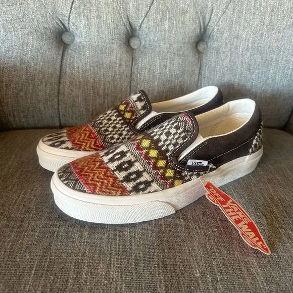 NEW Vans Mens Classic Slip-On Fair Isle Brown Print Casual Skate Sneaker Shoes 5