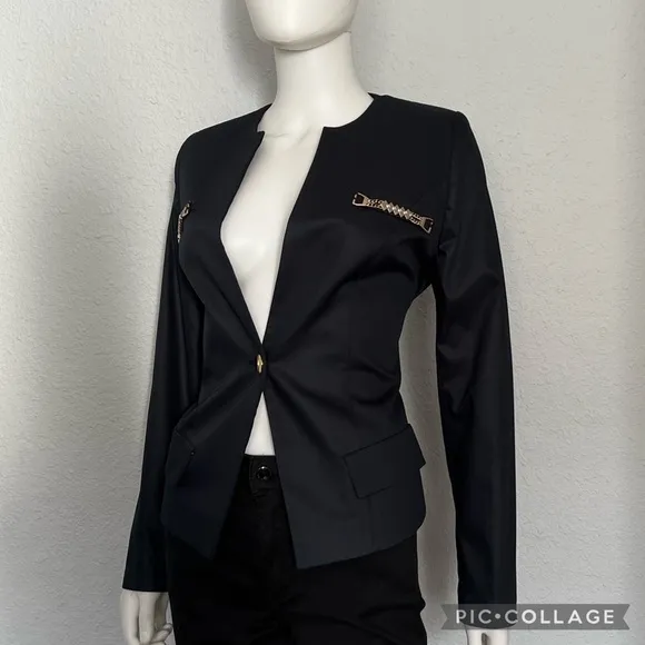 NEW WOMEN BLAZER NAVY BLUE JACKET ONE BUTTON LINED ROUND‎ NECK COLLARLESS