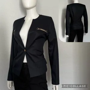 NEW WOMEN BLAZER NAVY BLUE JACKET ONE BUTTON LINED ROUND‎ NECK COLLARLESS