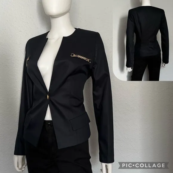 NEW WOMEN BLAZER NAVY BLUE JACKET ONE BUTTON LINED ROUND‎ NECK COLLARLESS