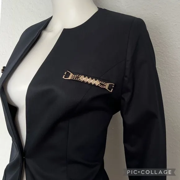NEW WOMEN BLAZER NAVY BLUE JACKET ONE BUTTON LINED ROUND‎ NECK COLLARLESS