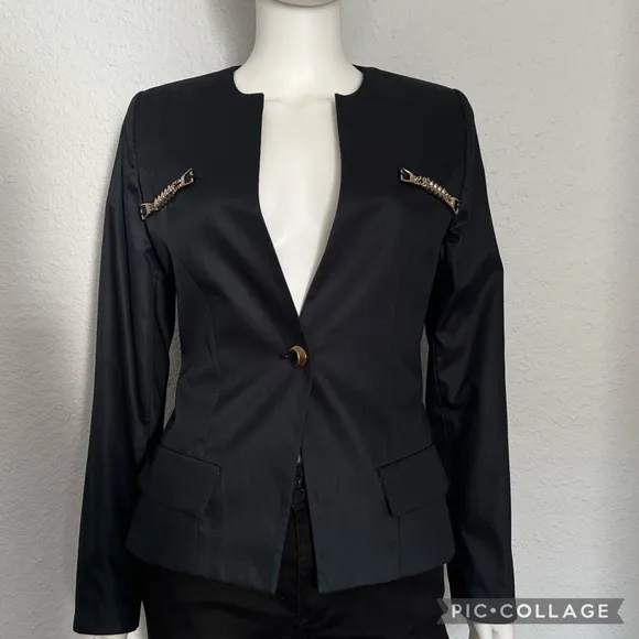 NEW WOMEN BLAZER NAVY BLUE JACKET ONE BUTTON LINED ROUND‎ NECK COLLARLESS
