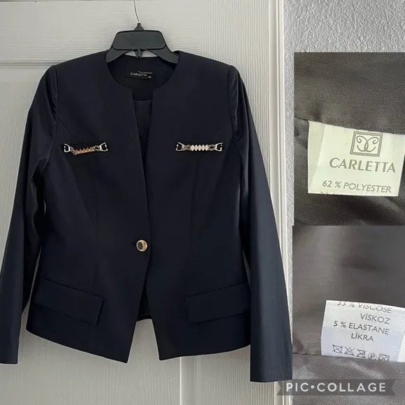 NEW WOMEN BLAZER NAVY BLUE JACKET ONE BUTTON LINED ROUND‎ NECK COLLARLESS