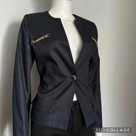 NEW WOMEN BLAZER NAVY BLUE JACKET ONE BUTTON LINED ROUND‎ NECK COLLARLESS