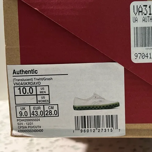 NIB Vans Authentic Translucent White Green Ash Shoes Mens 10 Skate Sneaker