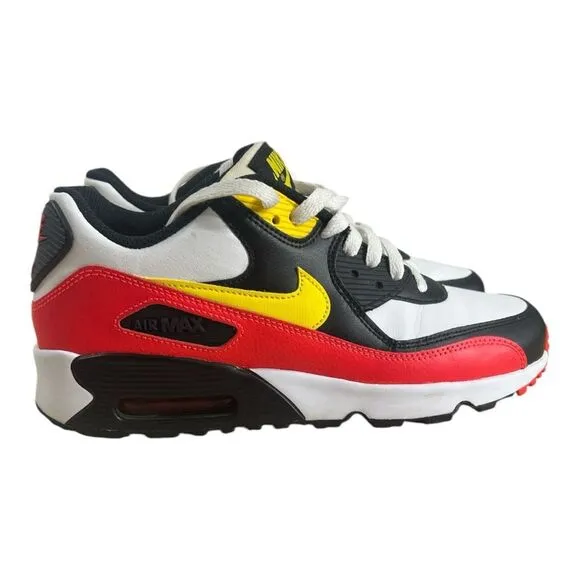 Nike Air Max 90 Leather Youth Shoes Size 6.5Y White/Chrome Black Yellow Low