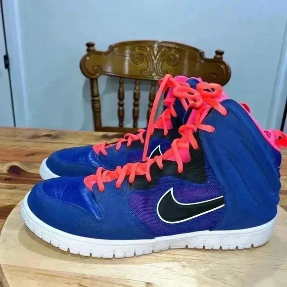 Nike Men’s Dunks High Top basketball shoes leather Blue/ Neon Pink 59946…