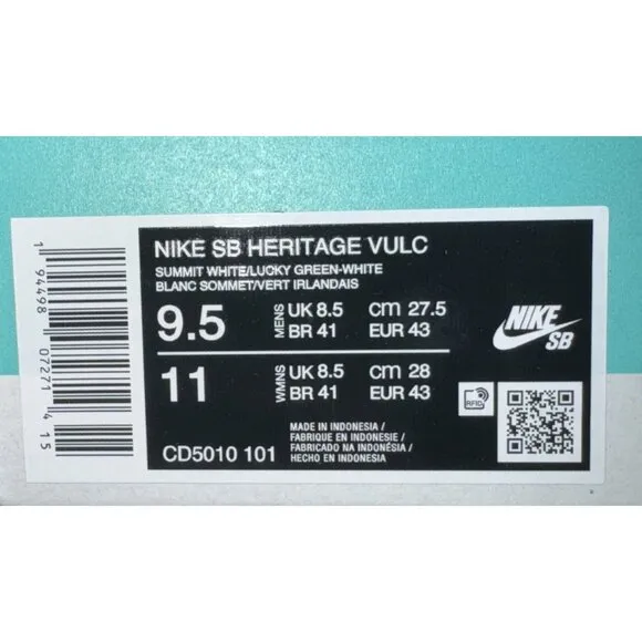 Nike SB Heritage Vulc Mens Suede Athletic Skate Shoes Size 9.5 White Green Gum