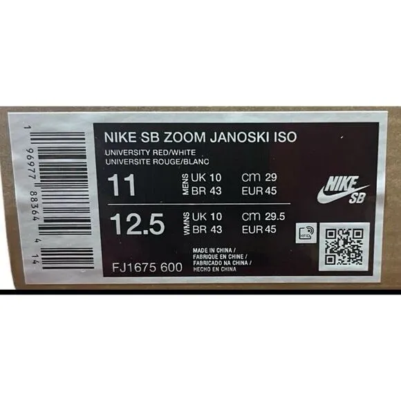 Nike SB Skate Shoes Zoom Janoski ISO University Red White Mens 11 New FAST SHIP