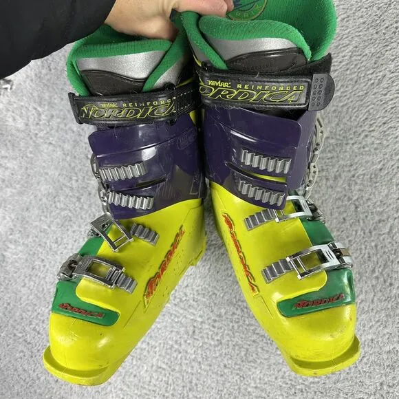 Nordica Grand Prix Ski Boots Yellow Green Purple Kevlar Reinforced Power Frame