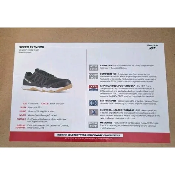 NWB Reebok Speed TR Work Low -Black Athletic Shoes -Comp Toe - Sz W6.5 M4.5 #645