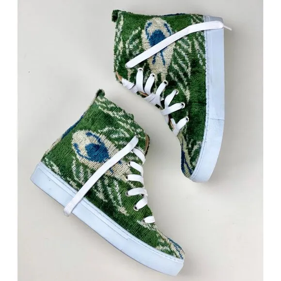 NWT Elysian silk velvet peacock fuzzy Ankara high top sneakers