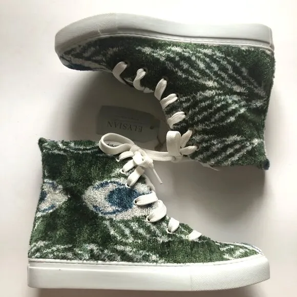 NWT Elysian silk velvet peacock fuzzy Ankara high top sneakers