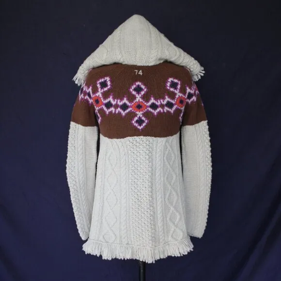 ODD MOLLY Anthropologie wool Fair Isles fisherman fringe cardigan sweater Aztec