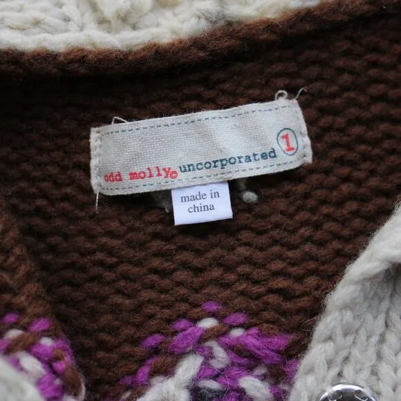 ODD MOLLY Anthropologie wool Fair Isles fisherman fringe cardigan sweater Aztec