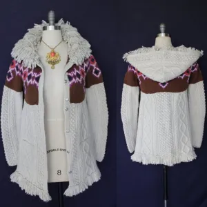 ODD MOLLY Anthropologie wool Fair Isles fisherman fringe cardigan sweater Aztec