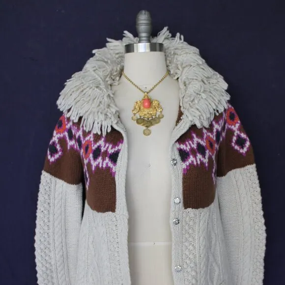 ODD MOLLY Anthropologie wool Fair Isles fisherman fringe cardigan sweater Aztec