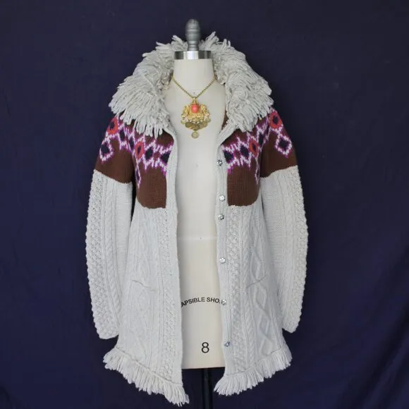 ODD MOLLY Anthropologie wool Fair Isles fisherman fringe cardigan sweater Aztec