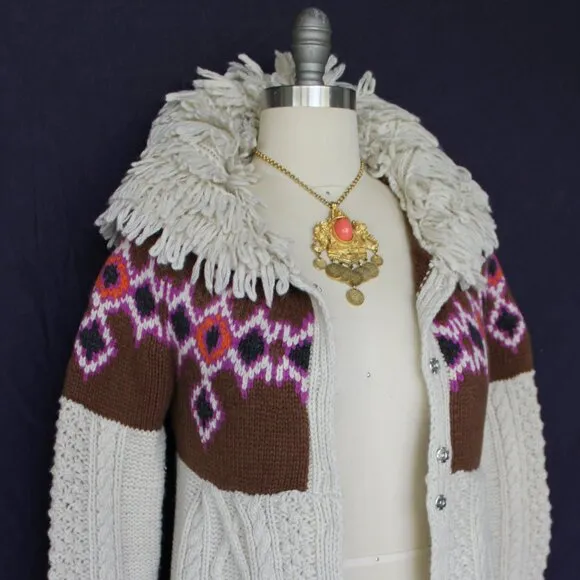 ODD MOLLY Anthropologie wool Fair Isles fisherman fringe cardigan sweater Aztec